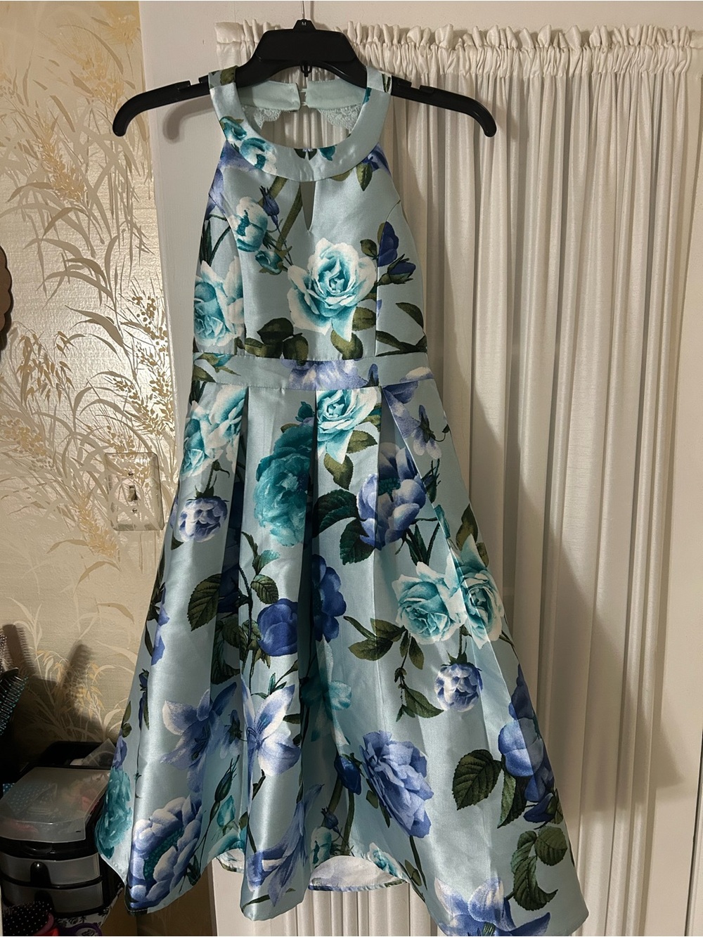 Speechless Light Blue Floral Halter Fit-and-Flare Dress